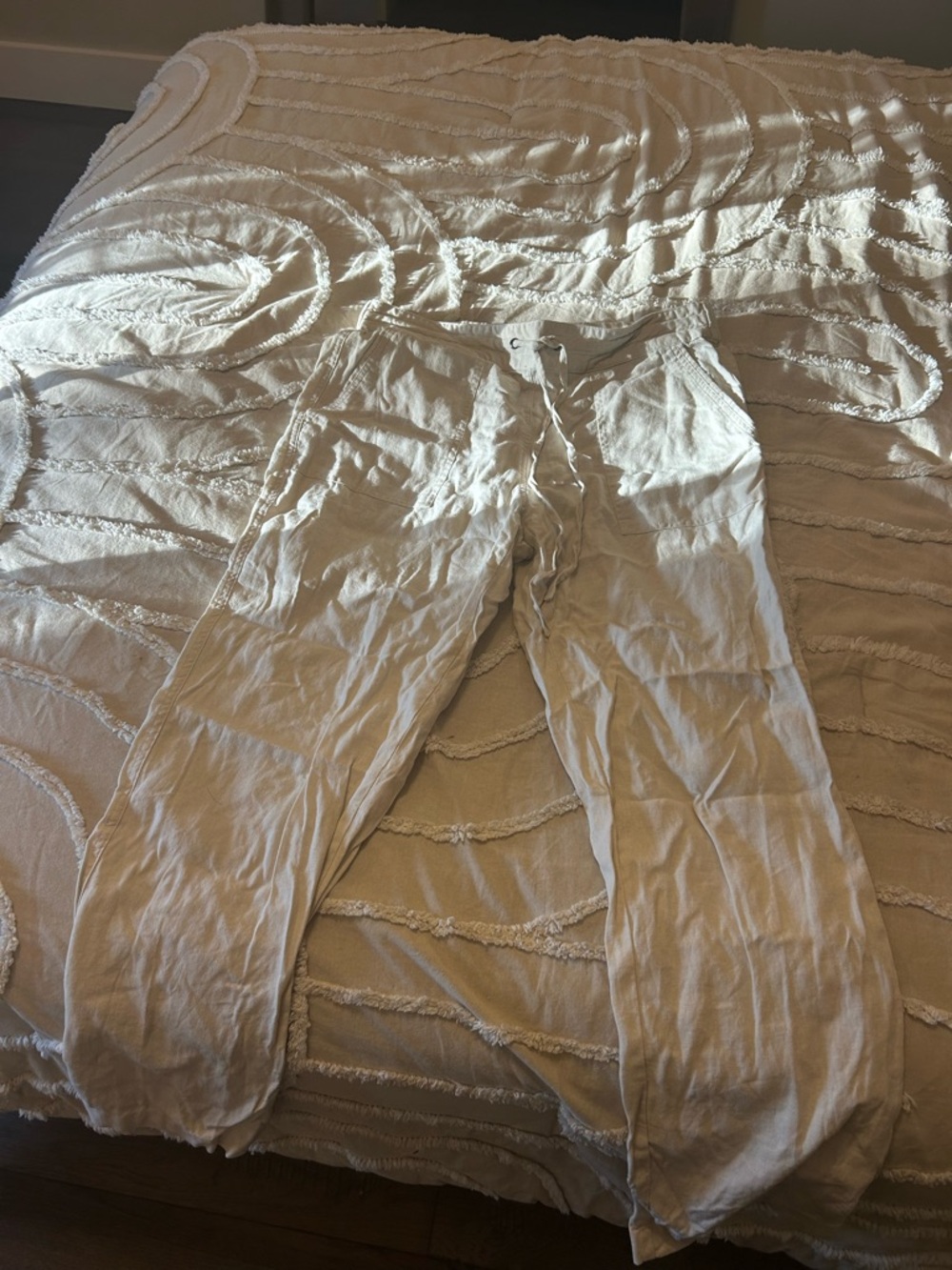 Casual Cream Linen Drawstring Pants - Picture 2 of 6